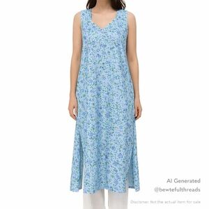 April Cornell Medium Blue Floral Cottagecore Midi Tunic Dress 90s